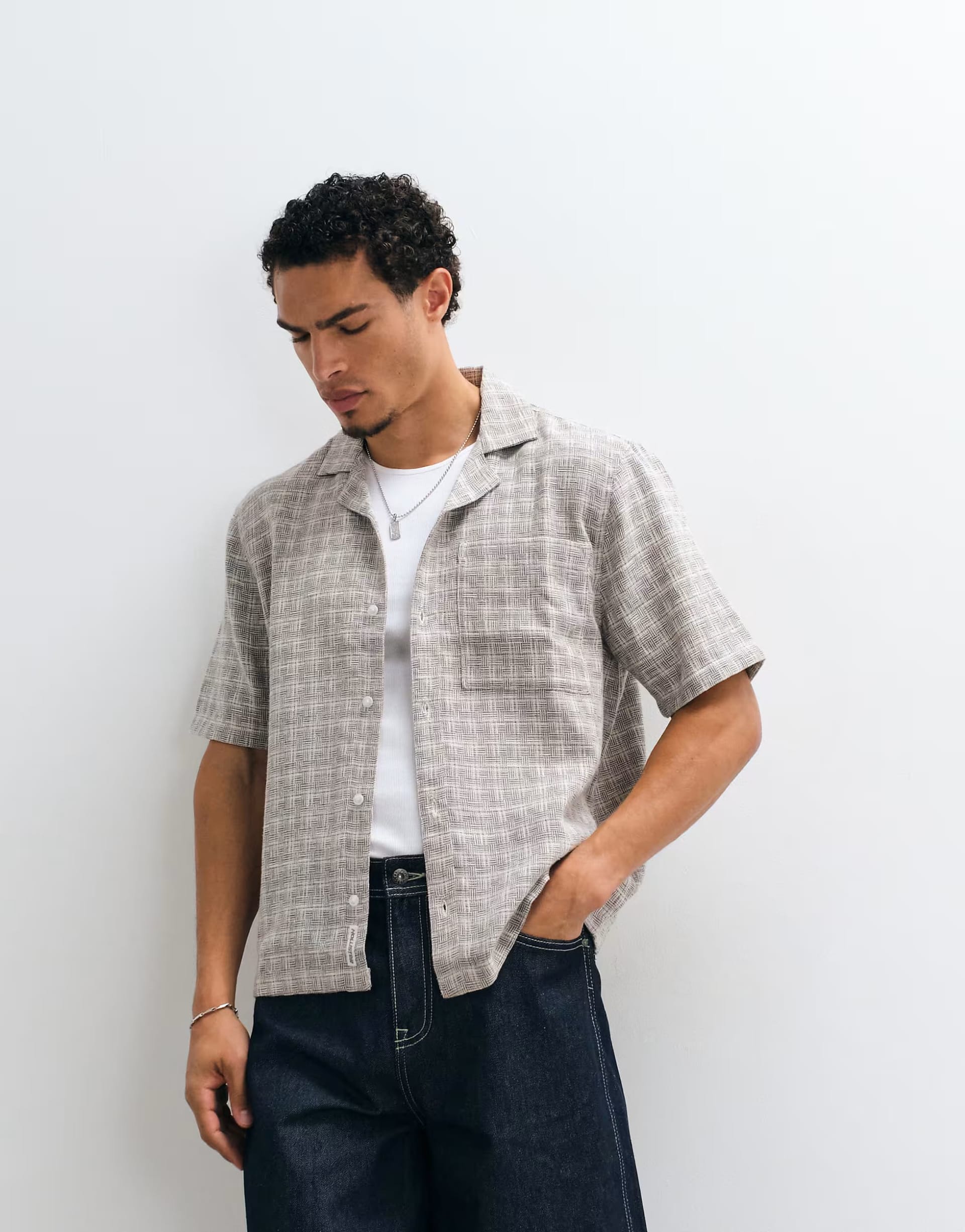 ASOS Grey Check Textured Short Sleeve Shirt