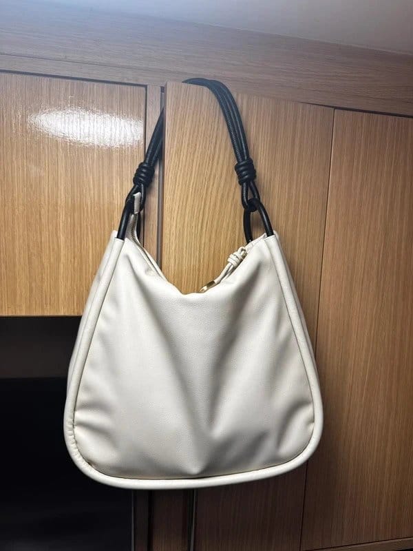 Marks & Spencer M&S White Faux Leather Hobo Shoulder Bag | NWOT | Knotted Black Strap | Summer Minimalist - 1