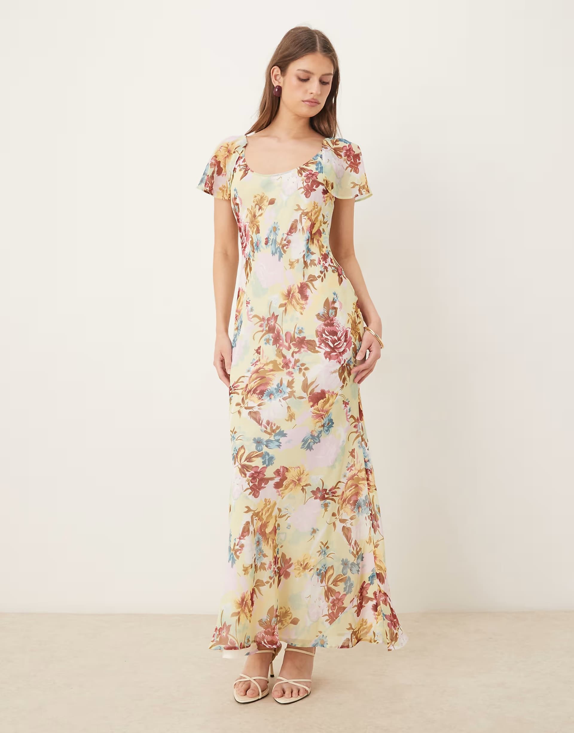ASOS ASOS DESIGN ruffle sleeve scoop bias maxi dress in green floral