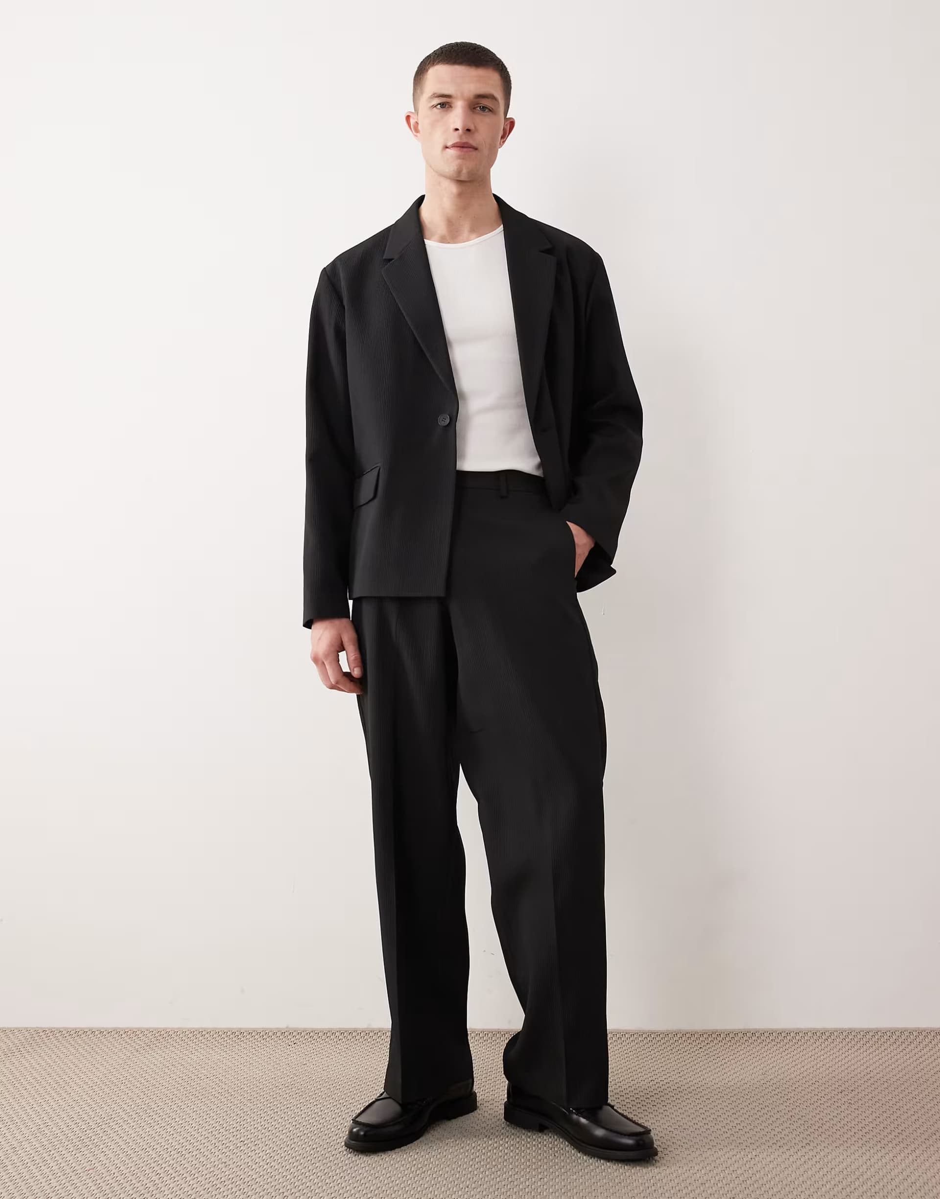 ASOS ASOS DESIGN rib texture wide suit trousers in black