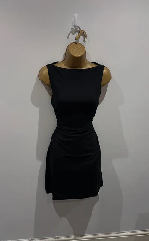 ASOS ASOS size UK 8 mini short black dress ruched cinched waist boat slash neck