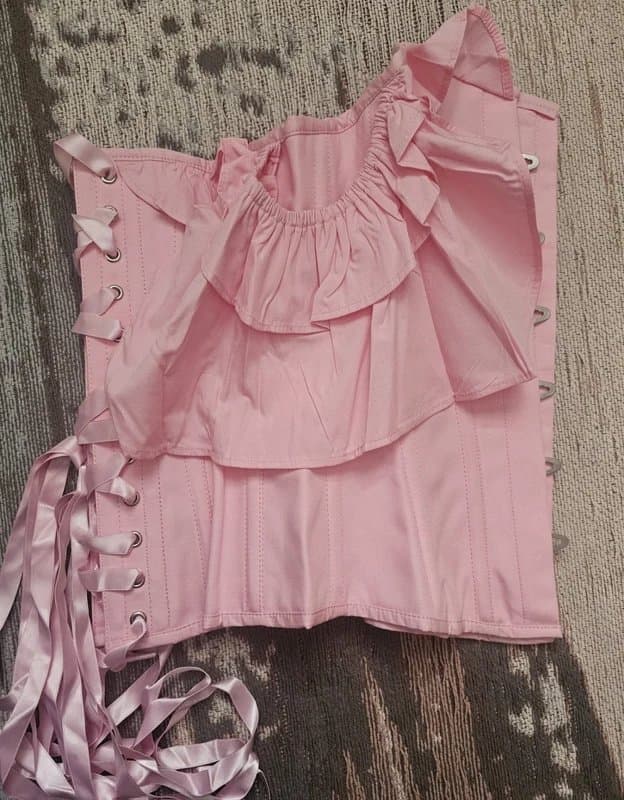 Corset Story Corset Story Pink Cotton Layered Off Shoulder Sleeve Steel Boned Overbust Corset Top Size 10 UK