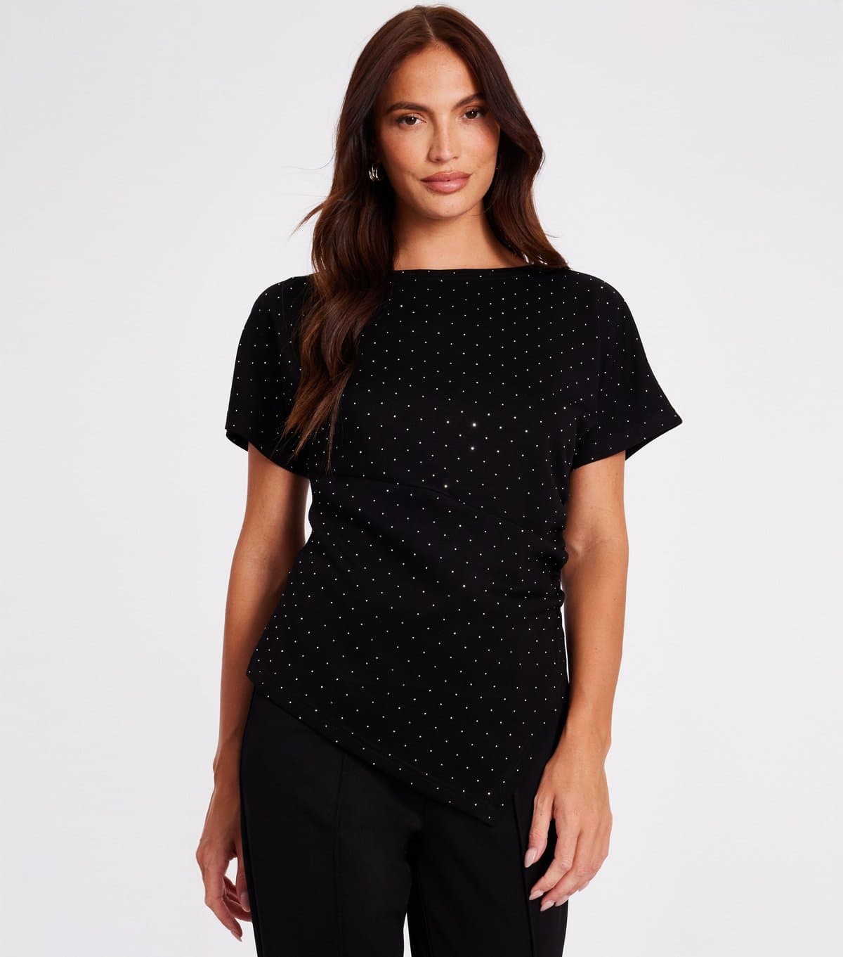 Quiz Women's Black Diamante Studded Asymmetric Slit Hem Top Quiz New Look