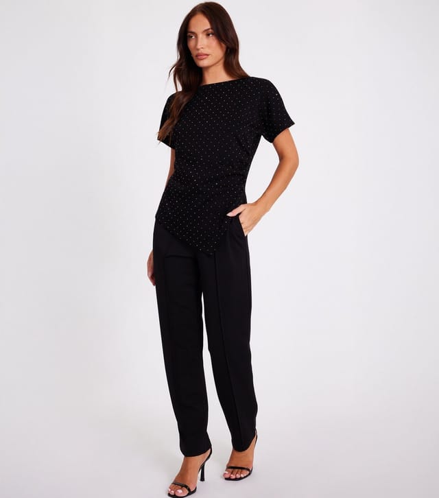 Quiz Women's Black Diamante Studded Asymmetric Slit Hem Top Quiz New Look - 2