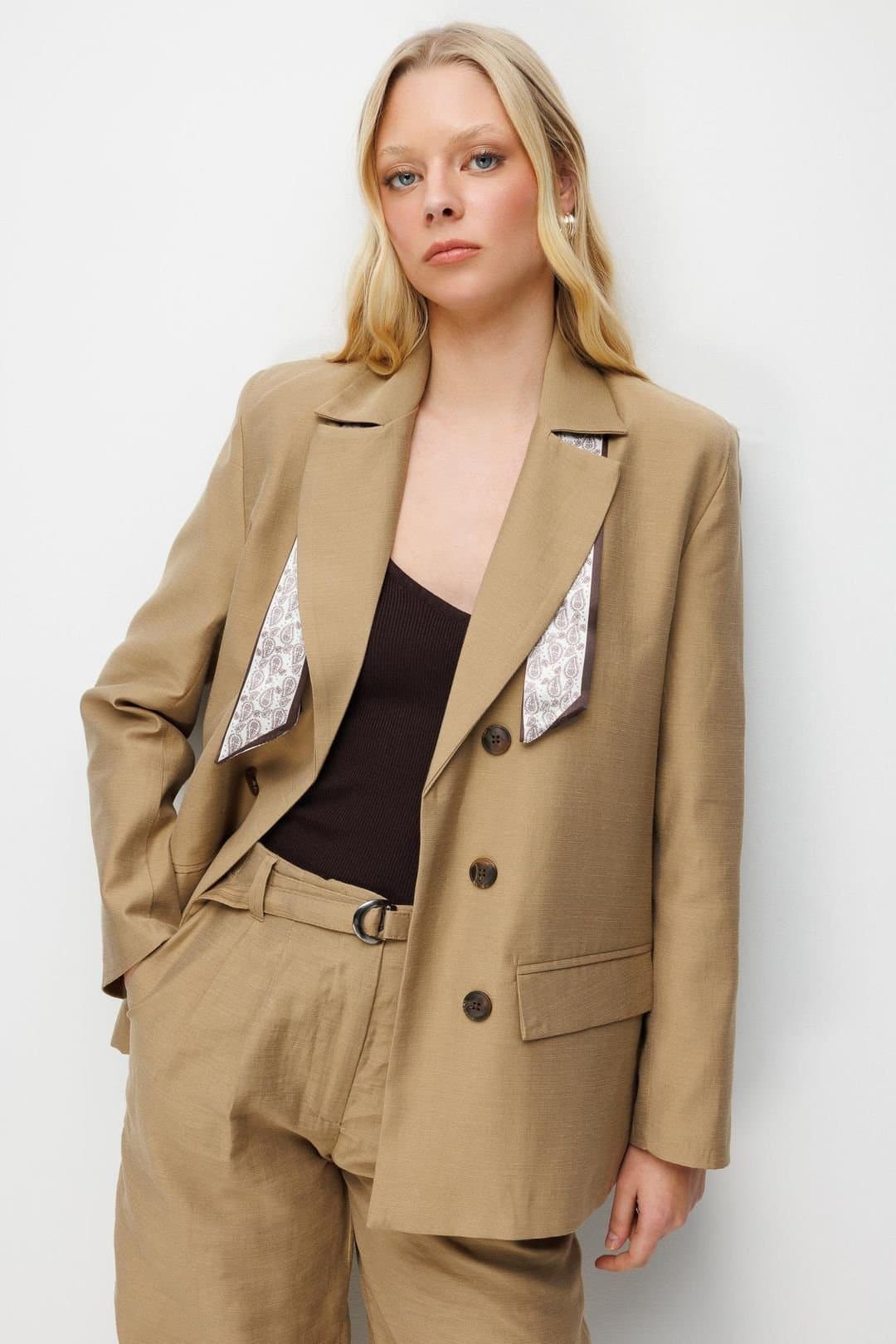 MixRay MixRay Women's Linen Blazer Jacket with Scarf Detail in Tan