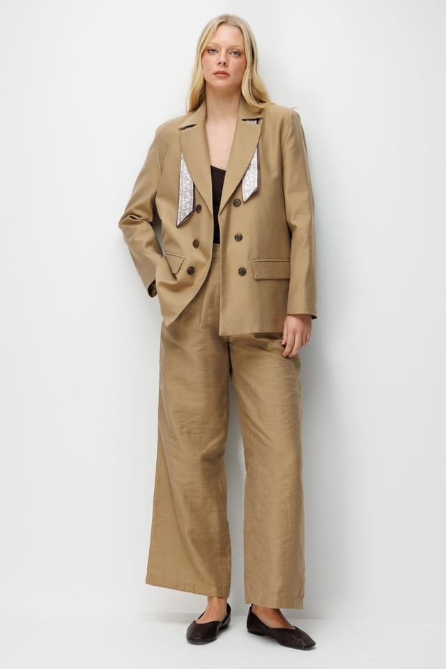 MixRay MixRay Women's Linen Blazer Jacket with Scarf Detail in Tan - 2