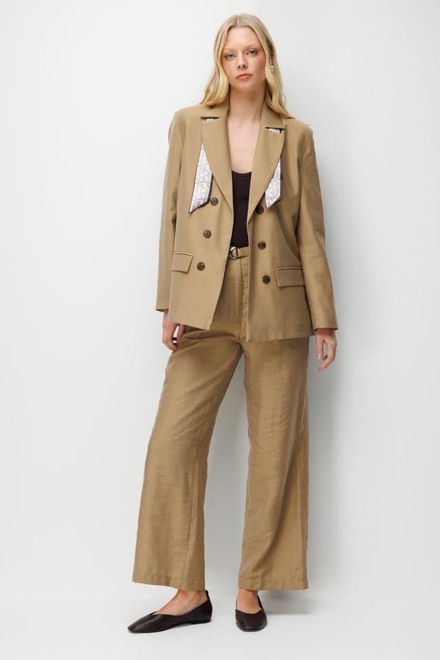 MixRay MixRay Women's Linen Blazer Jacket with Scarf Detail in Tan - 3