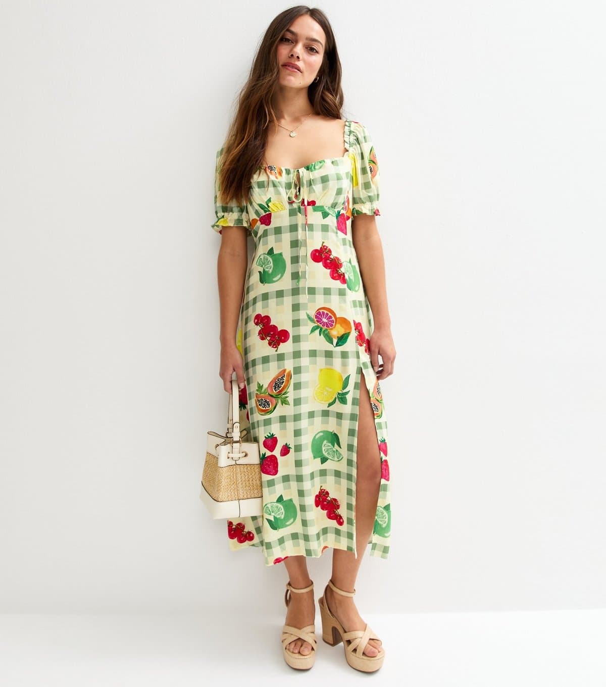 New Look Women's Petite White Fruit Print Slit Hem Midi Dress New Look