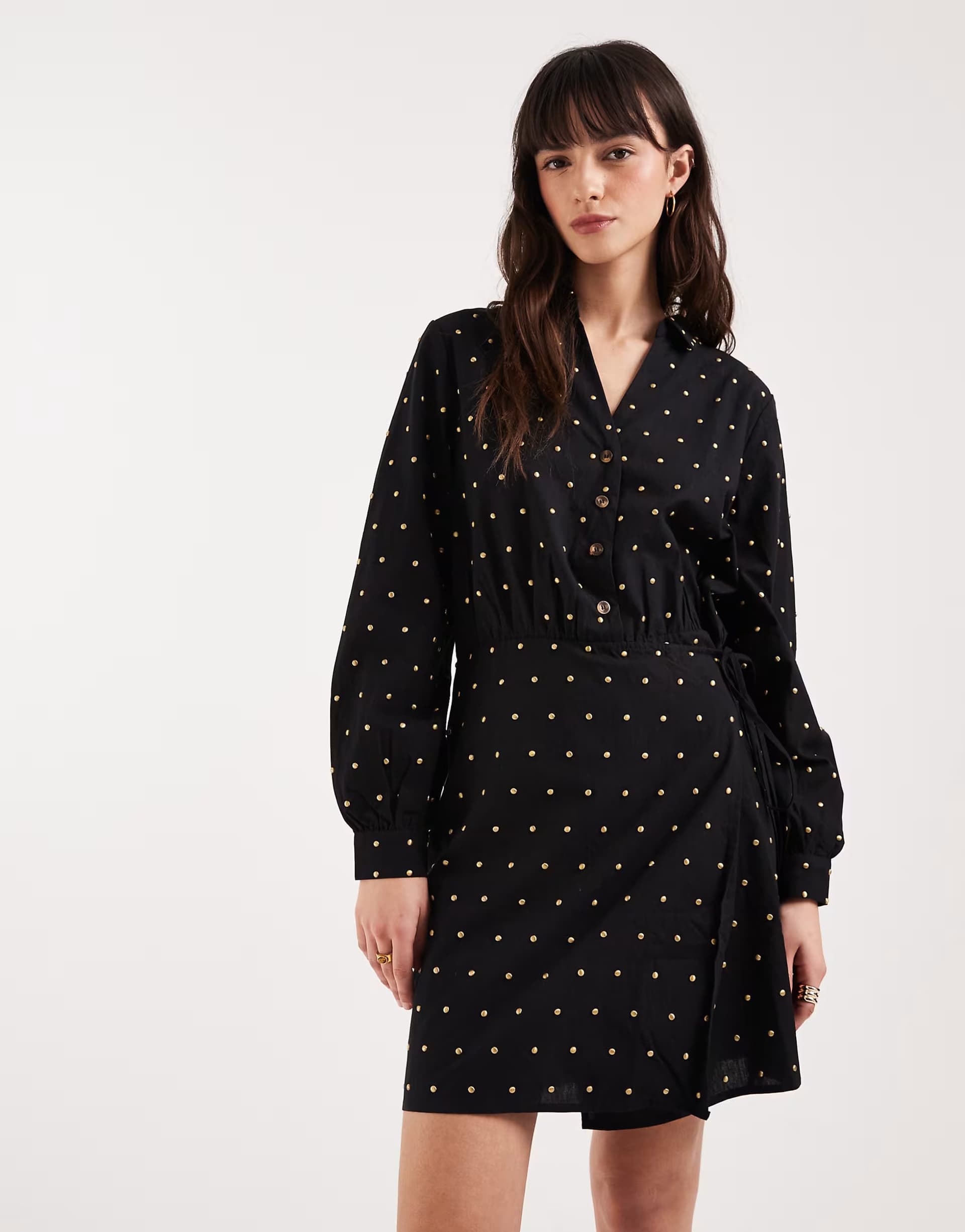 ASOS Never Fully Dressed cotton hotfix wrap over mini shirt dress in black