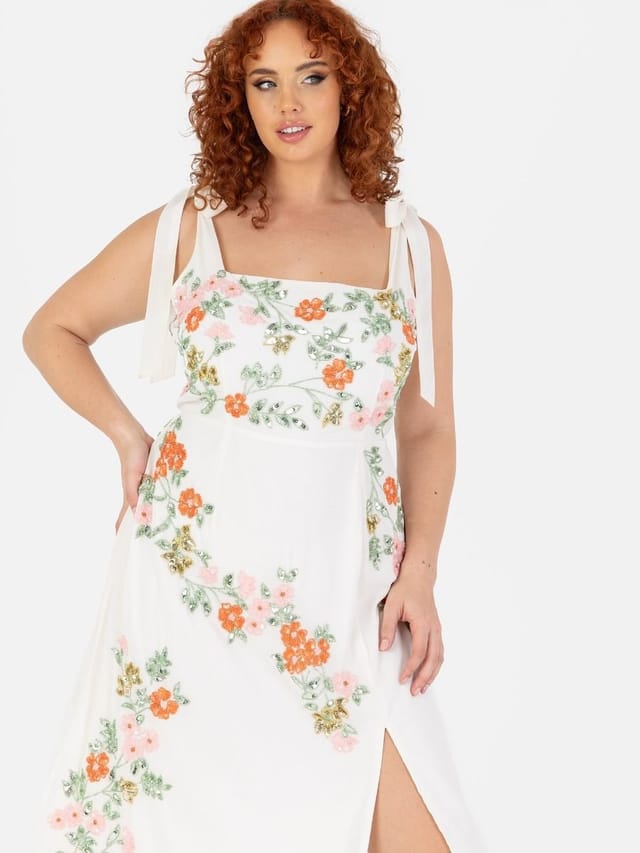 Maya Deluxe Maya Deluxe Women's Tie-Shoulder Embellished Midi Dress in White - 2