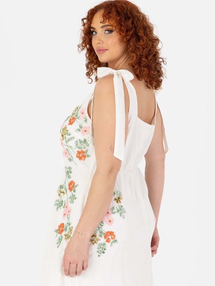 Maya Deluxe Maya Deluxe Women's Tie-Shoulder Embellished Midi Dress in White - 4