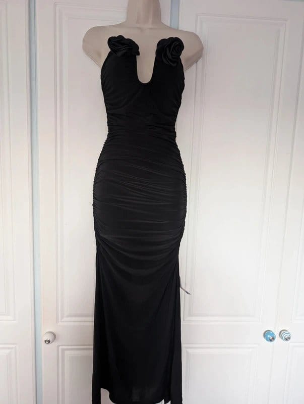 ASOS Black Satin Ruched Bandeau Midi Dress