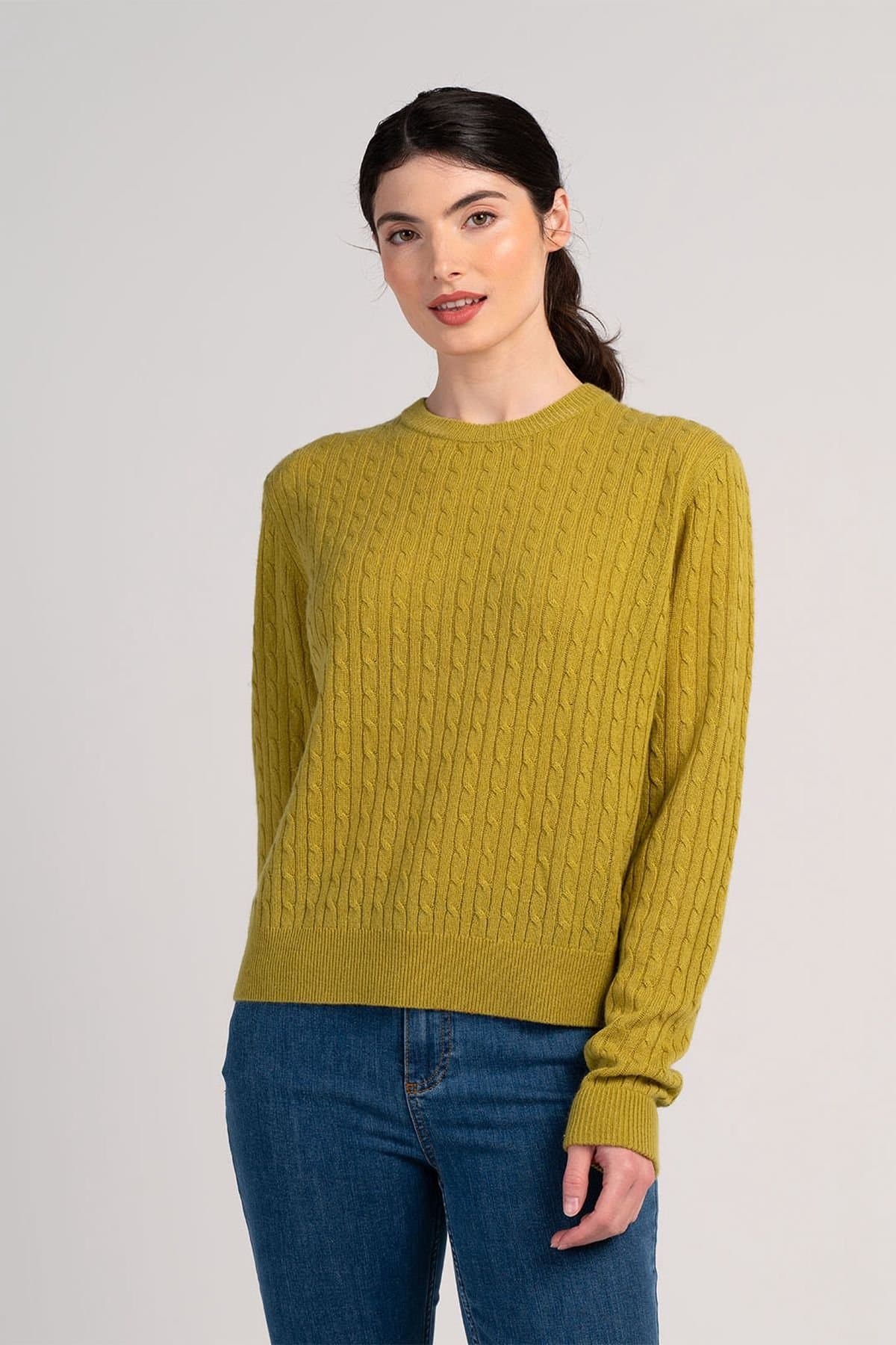 Kettlewell Kettlewell Women's Cable Cashmere Blend Crew Neck Sweater in Khaki