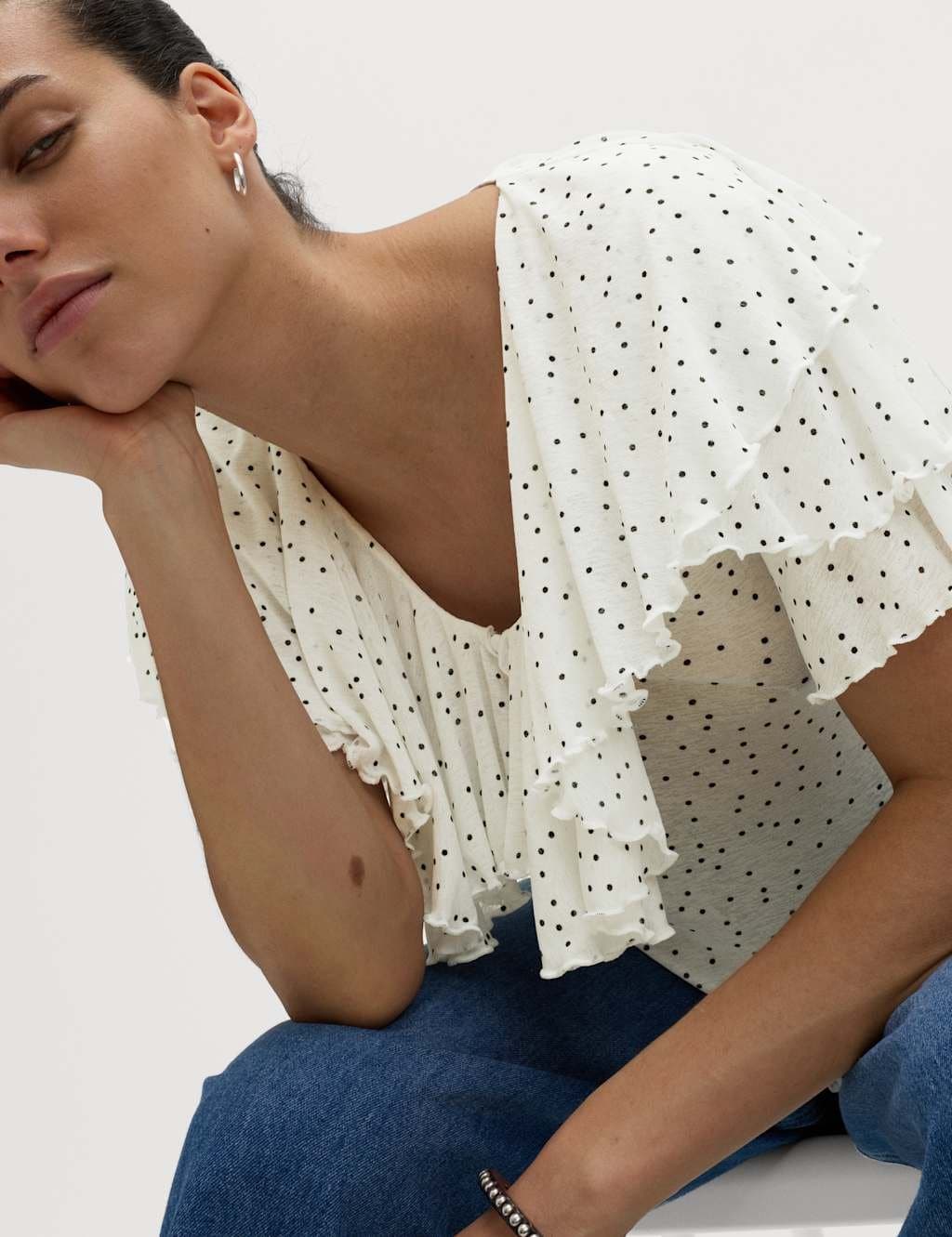 Marks & Spencer M&S Polka Dot Ruffle V-Neck Top White Mix