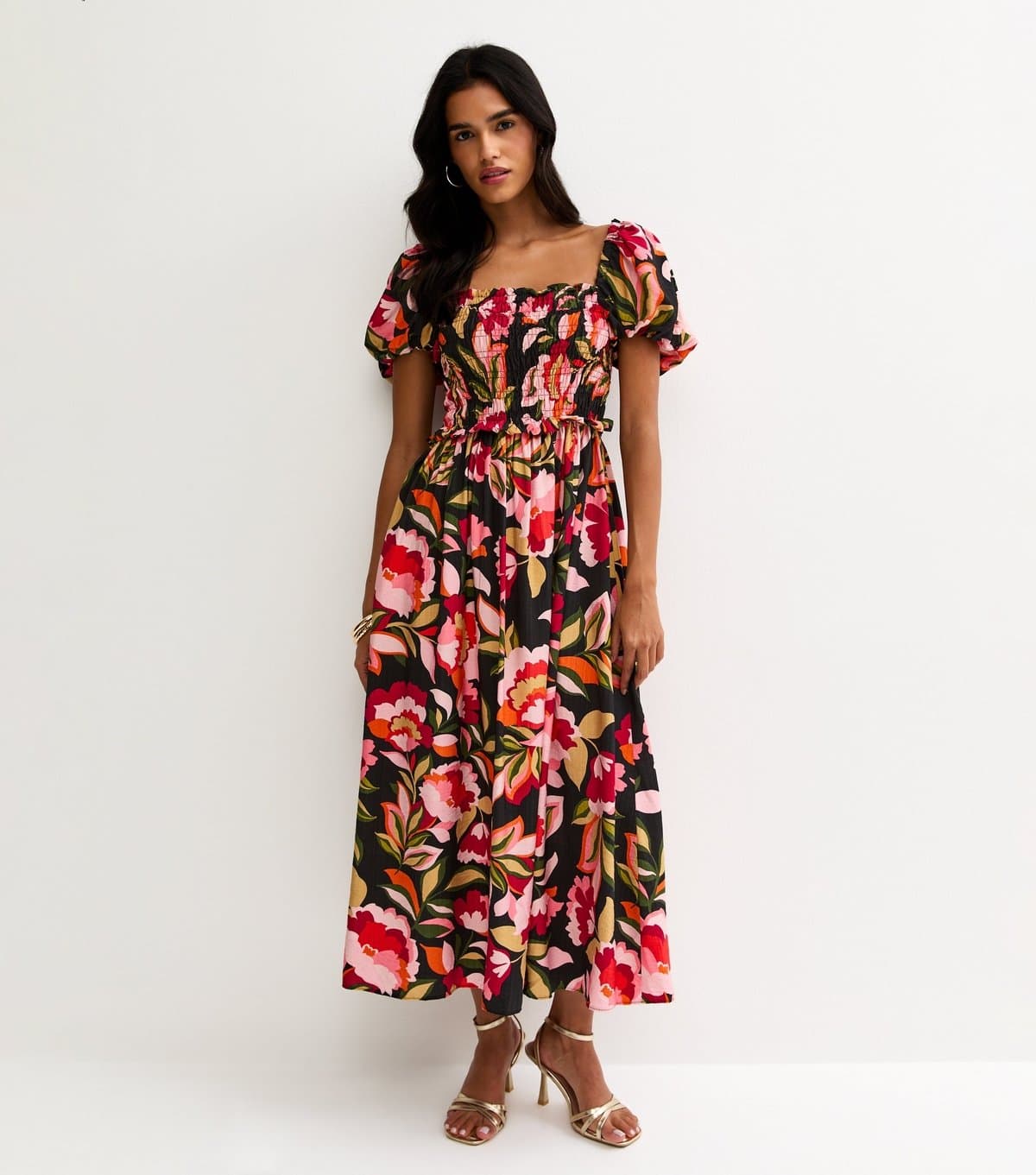 New Look Women's Black Floral Print Shirred Milkmaid Midi Dress New Look