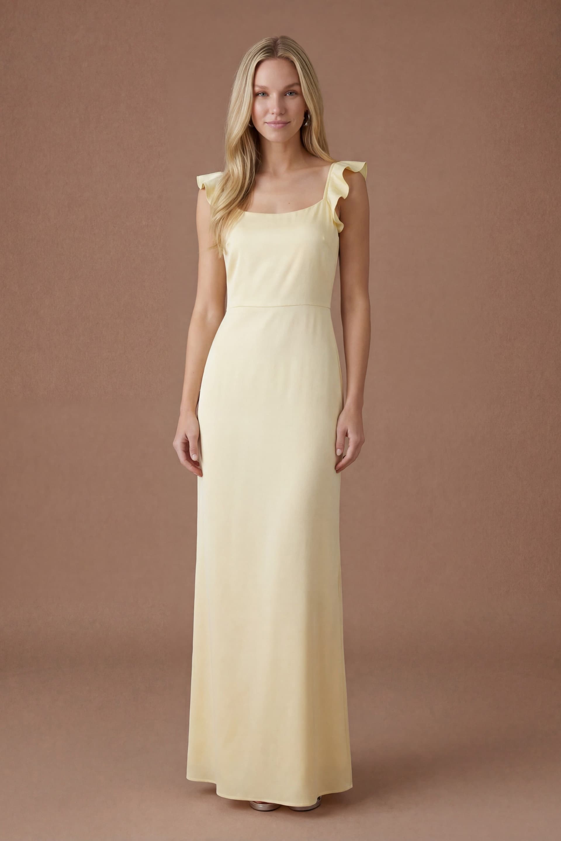 Oasis Oasis Women's Butter Yellow Ruffle Square Neck Satin Bridesmaid Maxi Dress