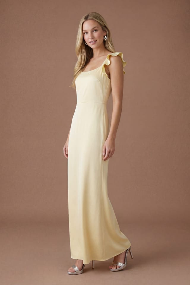 Oasis Oasis Women's Butter Yellow Ruffle Square Neck Satin Bridesmaid Maxi Dress - 3