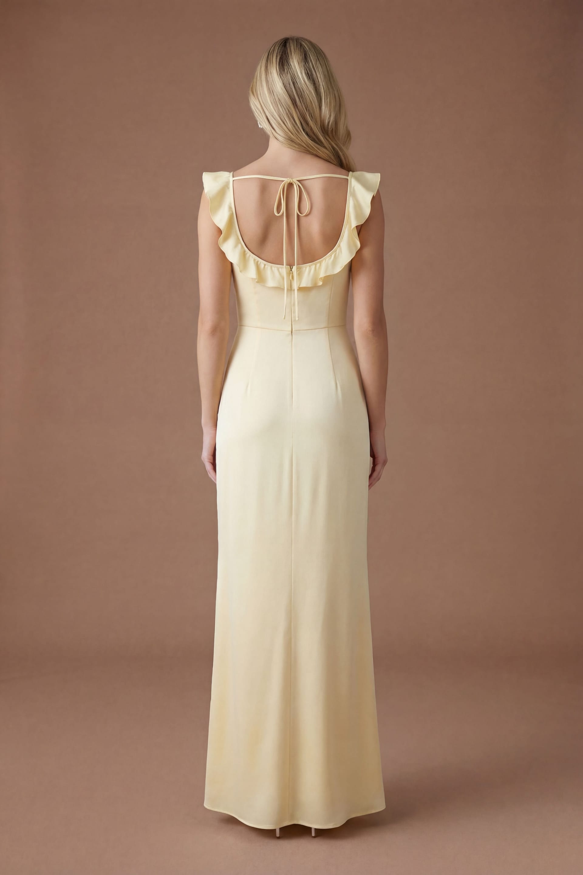 Oasis Oasis Women's Butter Yellow Ruffle Square Neck Satin Bridesmaid Maxi Dress - 4