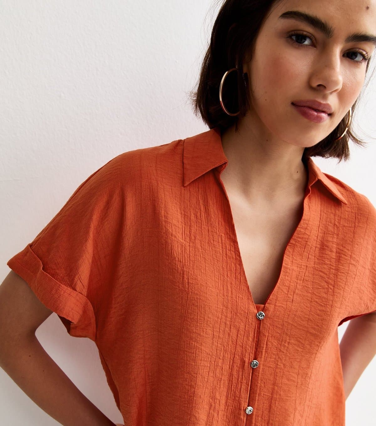 New Look Women's Bright Orange Crinkled Short Sleeve Shirt New Look