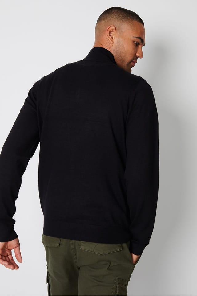 Threadbare Threadbare Men's 'Tucci' Funnel Neck Quarter Zip Knitted Jumper in Black - 2