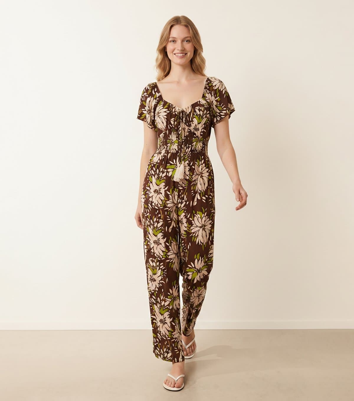 Blue Vanilla Women's Dark Brown Shirred Waist Wide Leg Jumpsuit Blue Vanilla New Look