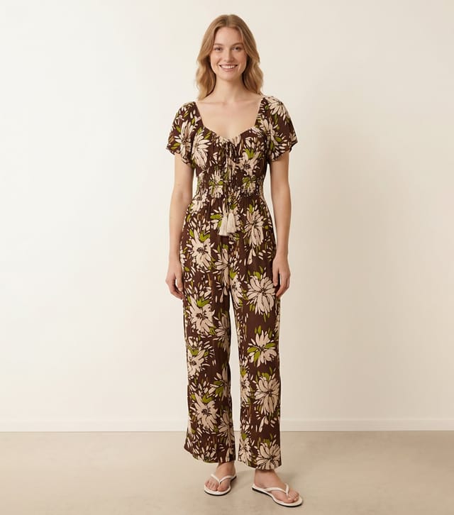 Blue Vanilla Women's Dark Brown Shirred Waist Wide Leg Jumpsuit Blue Vanilla New Look - 3