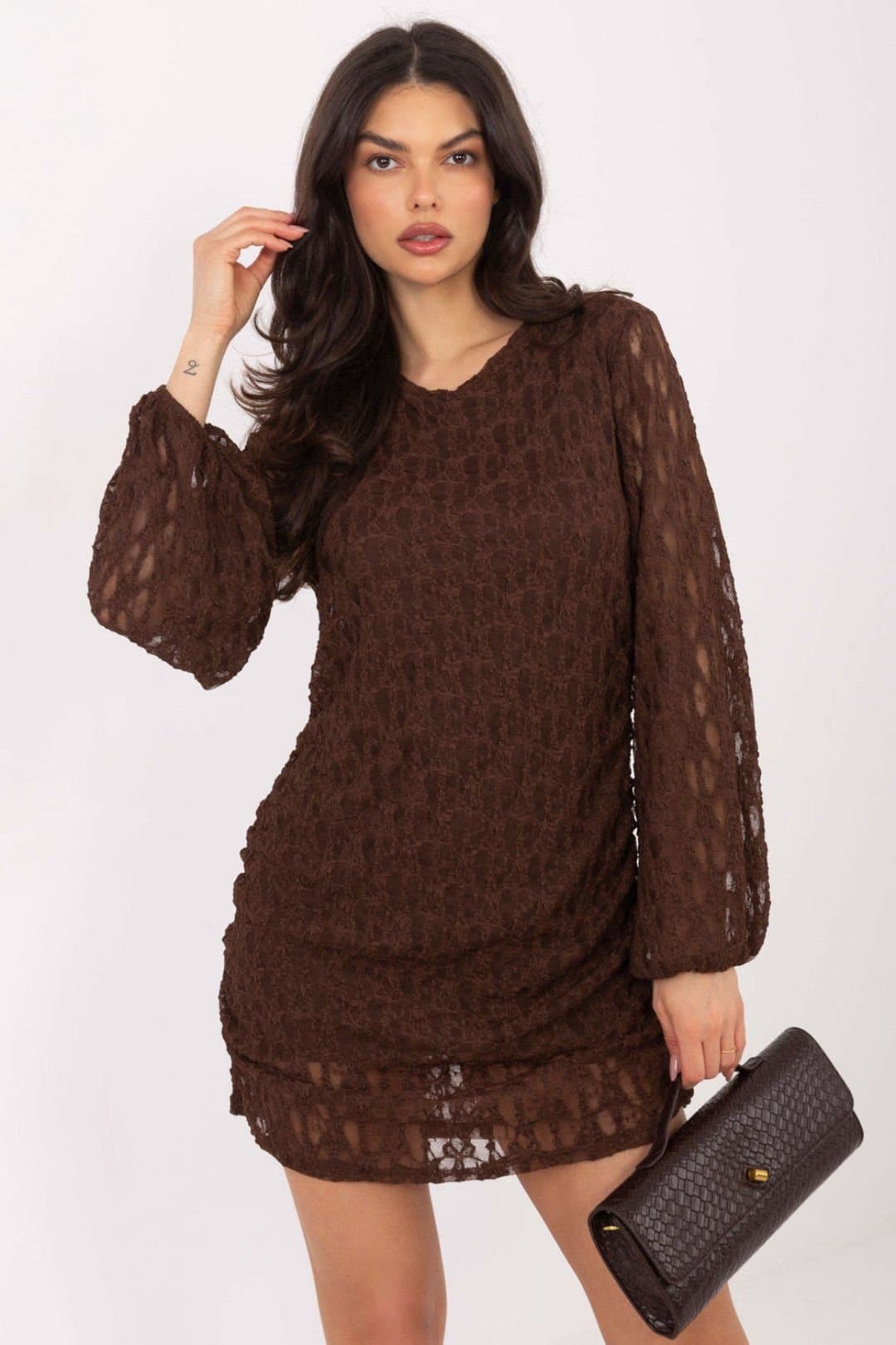 Love Lace Love Lace Women's Elegant Lace Mini Dress with Ruched Sides in Brown