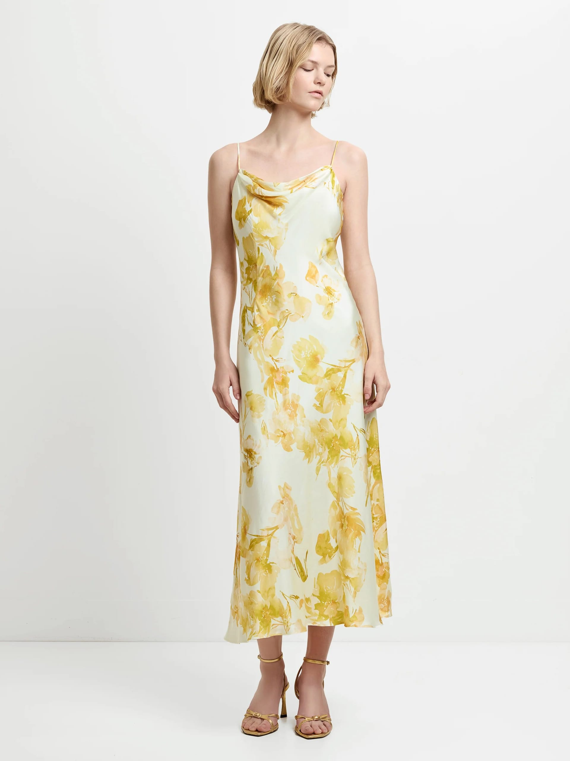French Connection Yellow Floral Satin Cowl Neck Midi Dress