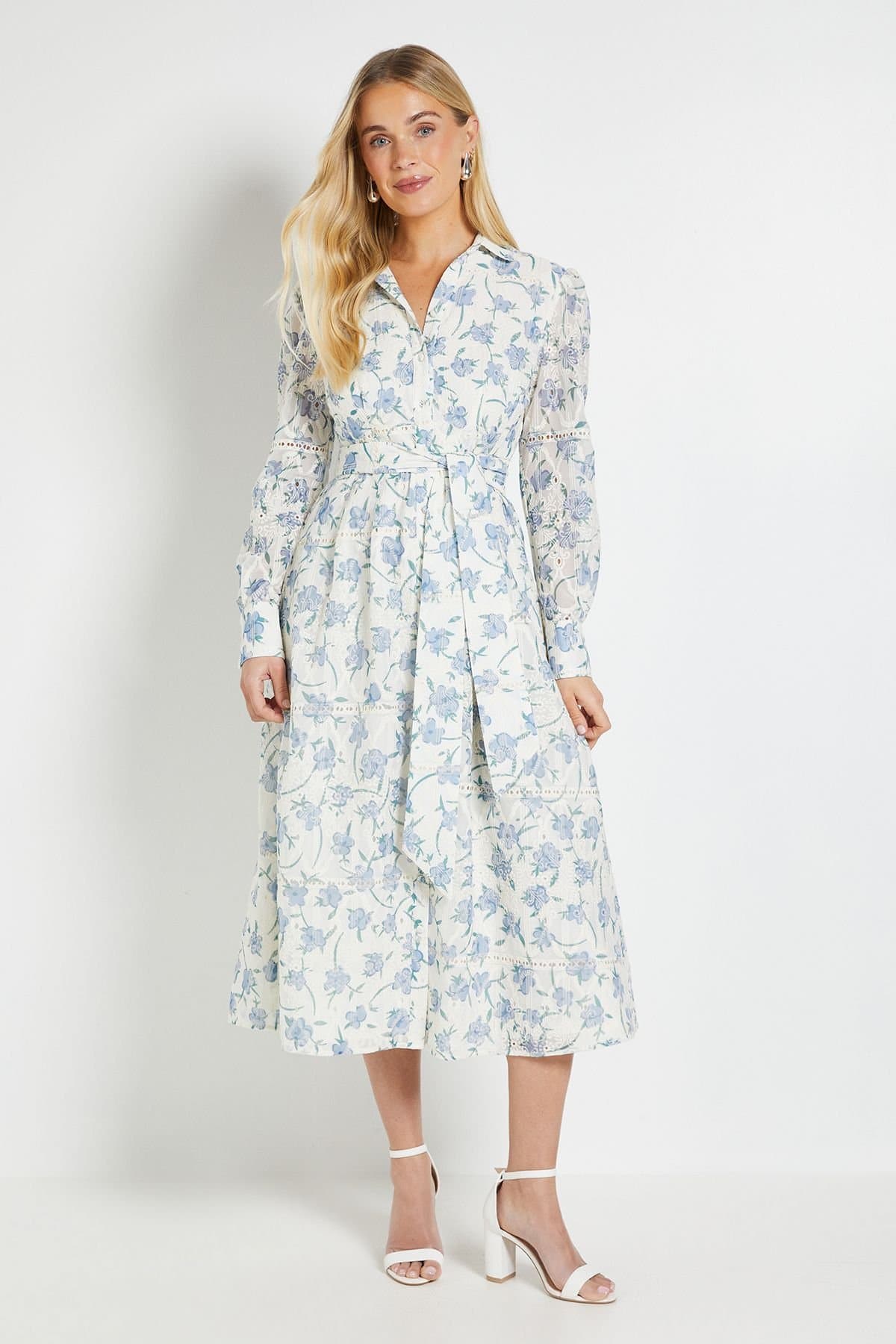 Wallis Wallis Women's Petite Floral Embroidered Midi Shirt Dress in Ivory