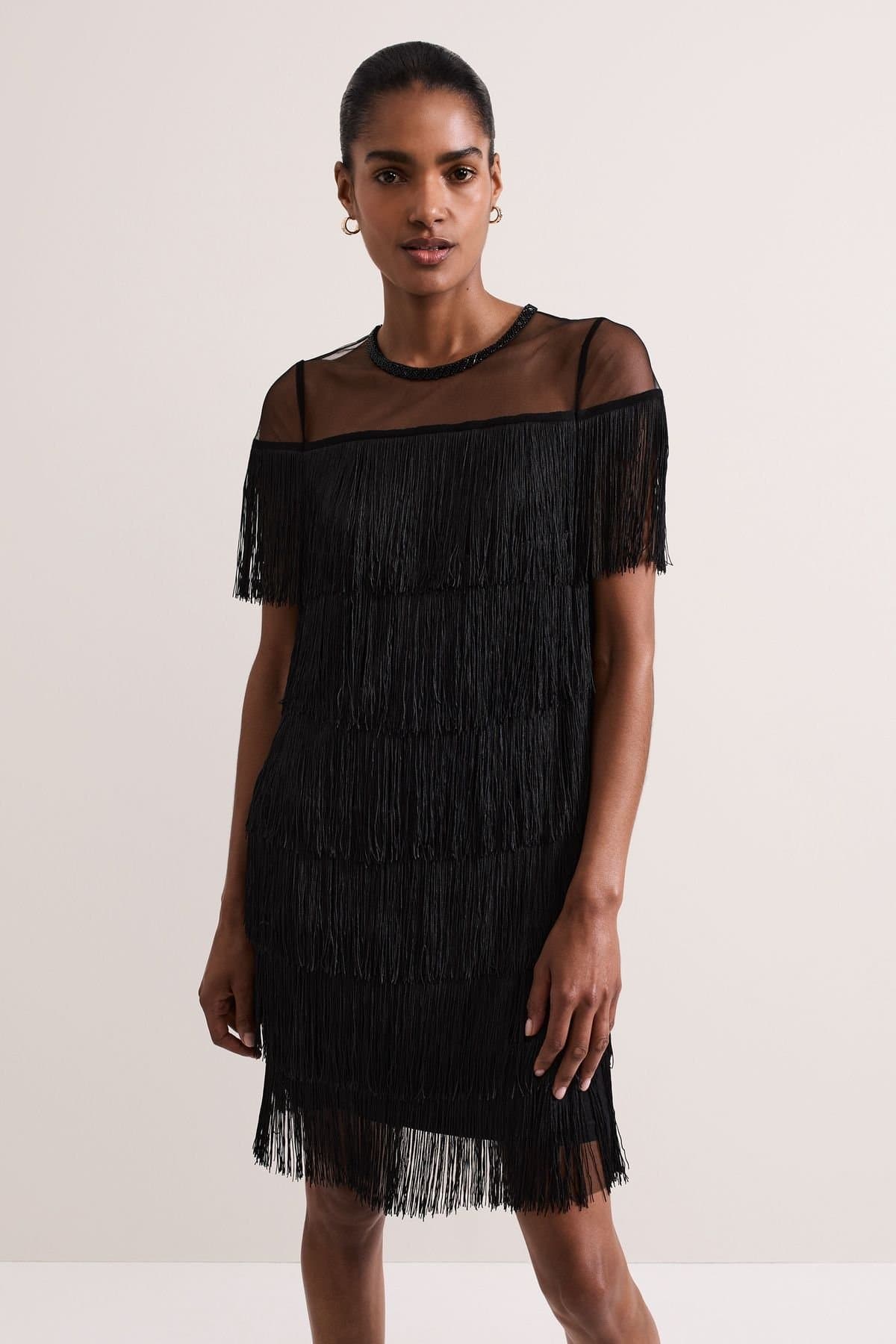 Phase Eight Phase Eight Women's Viola Short Sleeve Fringe Mini Dress in True Black