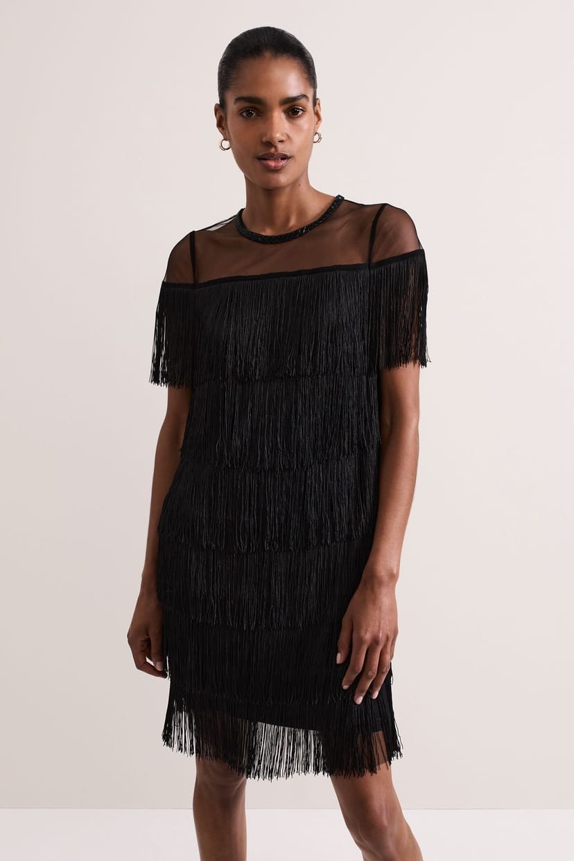 Phase Eight Phase Eight Women's Viola Short Sleeve Fringe Mini Dress in True Black - 1