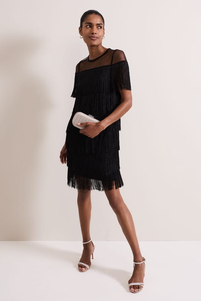 Phase Eight Phase Eight Women's Viola Short Sleeve Fringe Mini Dress in True Black - 3