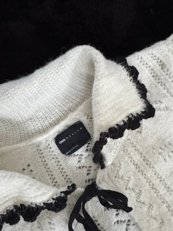 ASOS Design Cream Crew Neck Cardigan with Black Frills