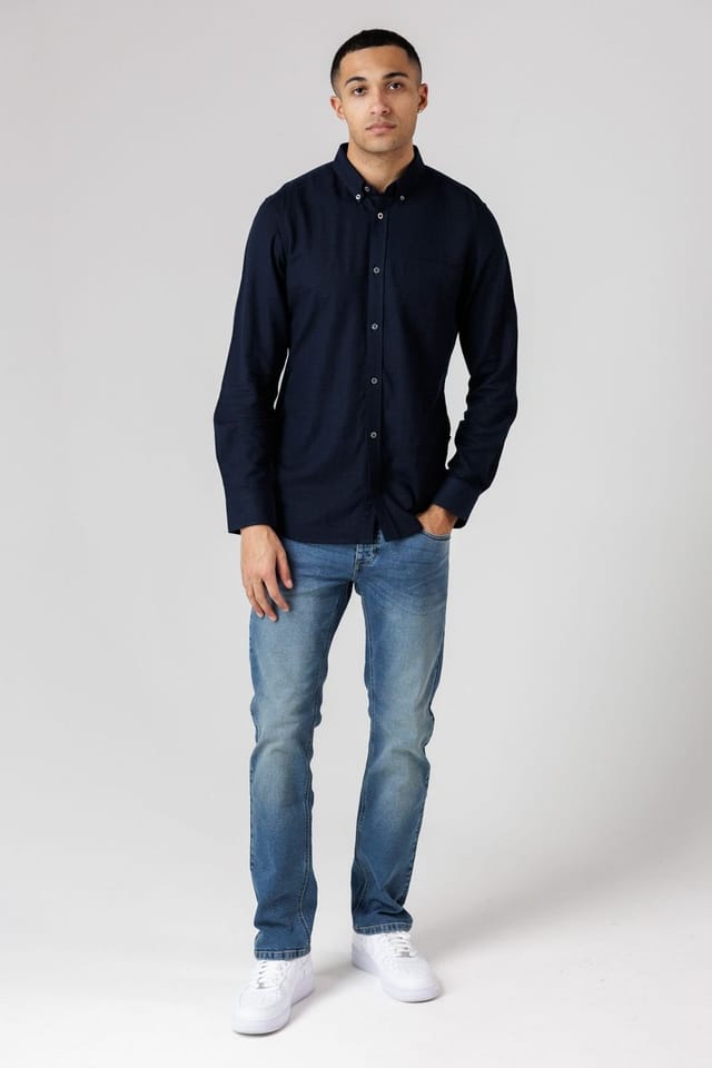 French Connection French Connection Men's Linen Blend Long Sleeve Chest Pocket Shirt in Navy - 3