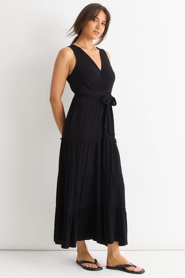 Gini London Gini London Women's Black Viscose Wrap Tiered Maxi Dress - 3