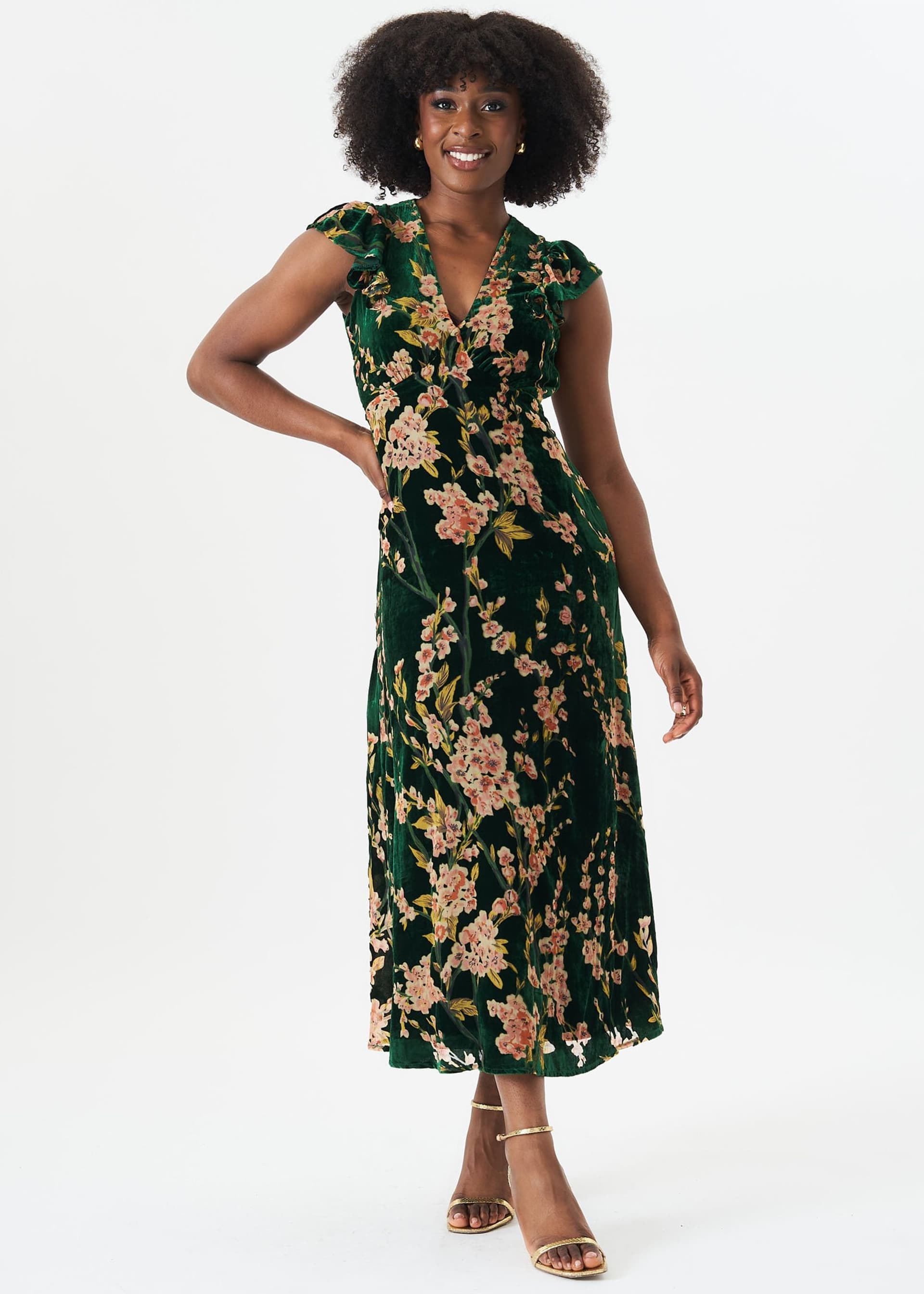 Gini London Gini London Women's Green Floral Devore Ruffle V Neck Midaxi Dress in Dark Green