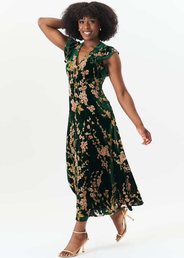 Gini London Gini London Women's Green Floral Devore Ruffle V Neck Midaxi Dress in Dark Green - 3