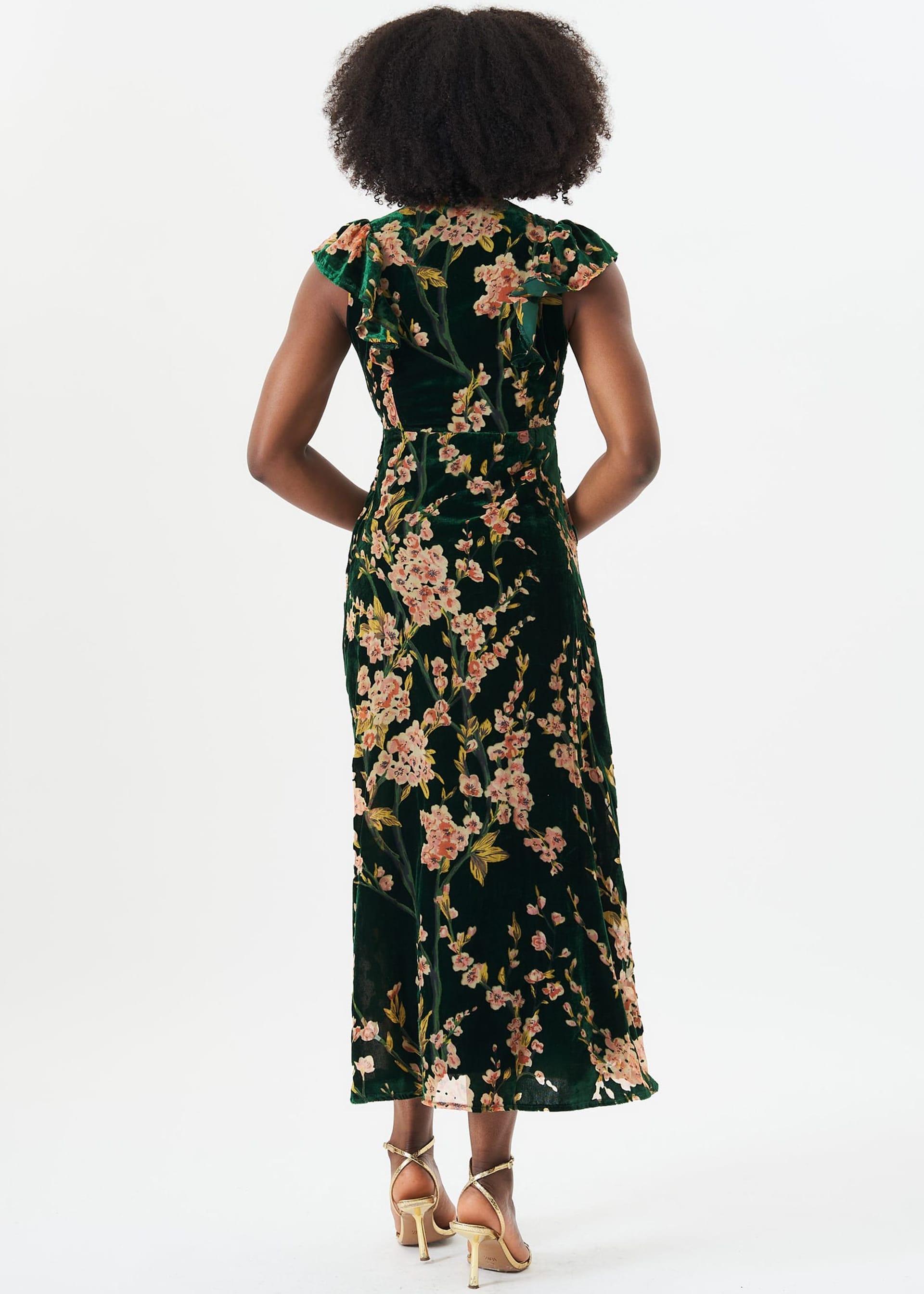 Gini London Gini London Women's Green Floral Devore Ruffle V Neck Midaxi Dress in Dark Green - 4