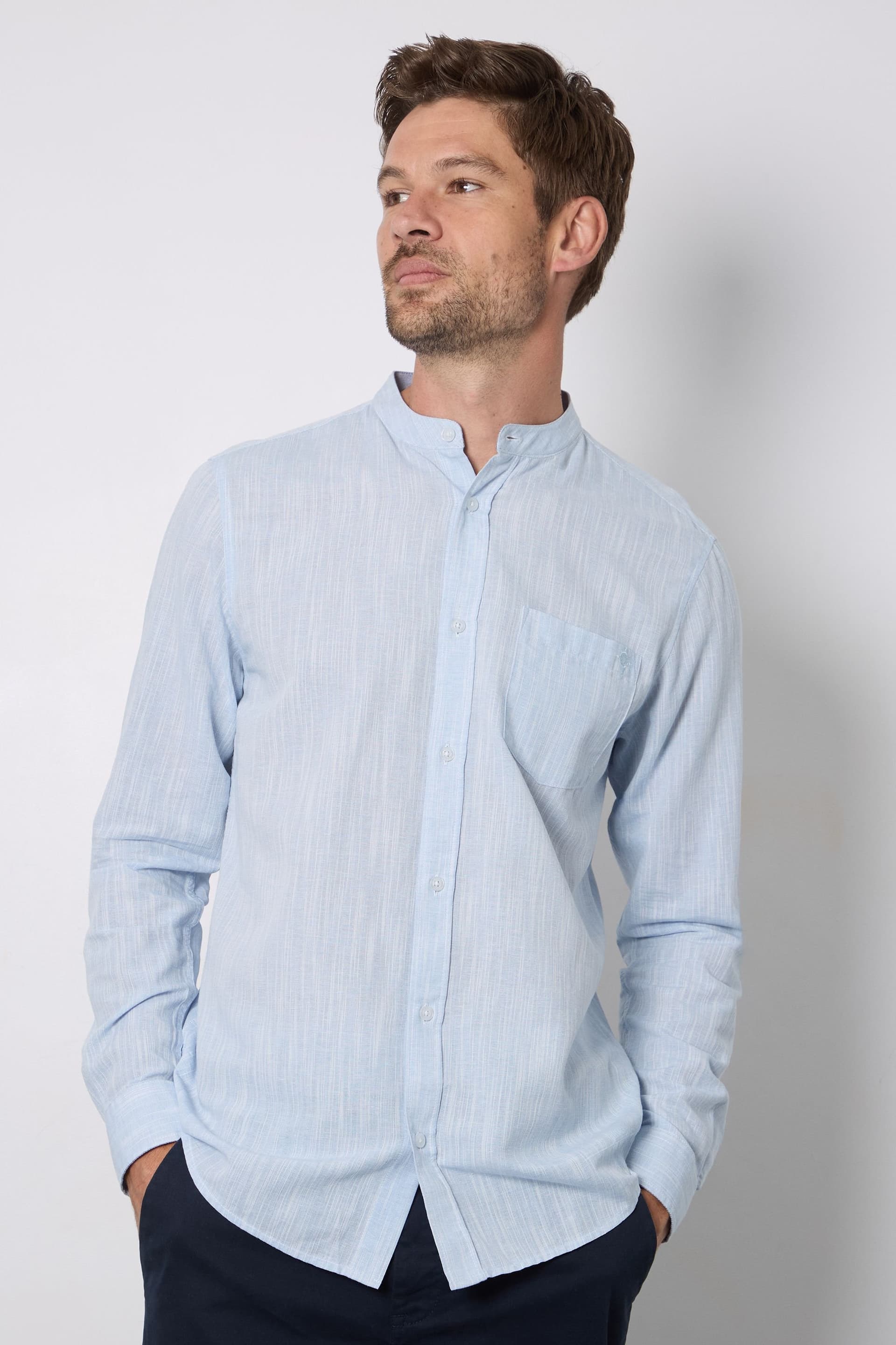 Maine Maine Men's Light Blue Textured Grandad Long Sleeve Shirt