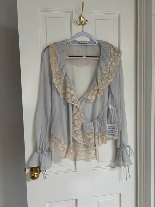 ASOS Asos mixed lace chiffon blue wrap blouse top size 6