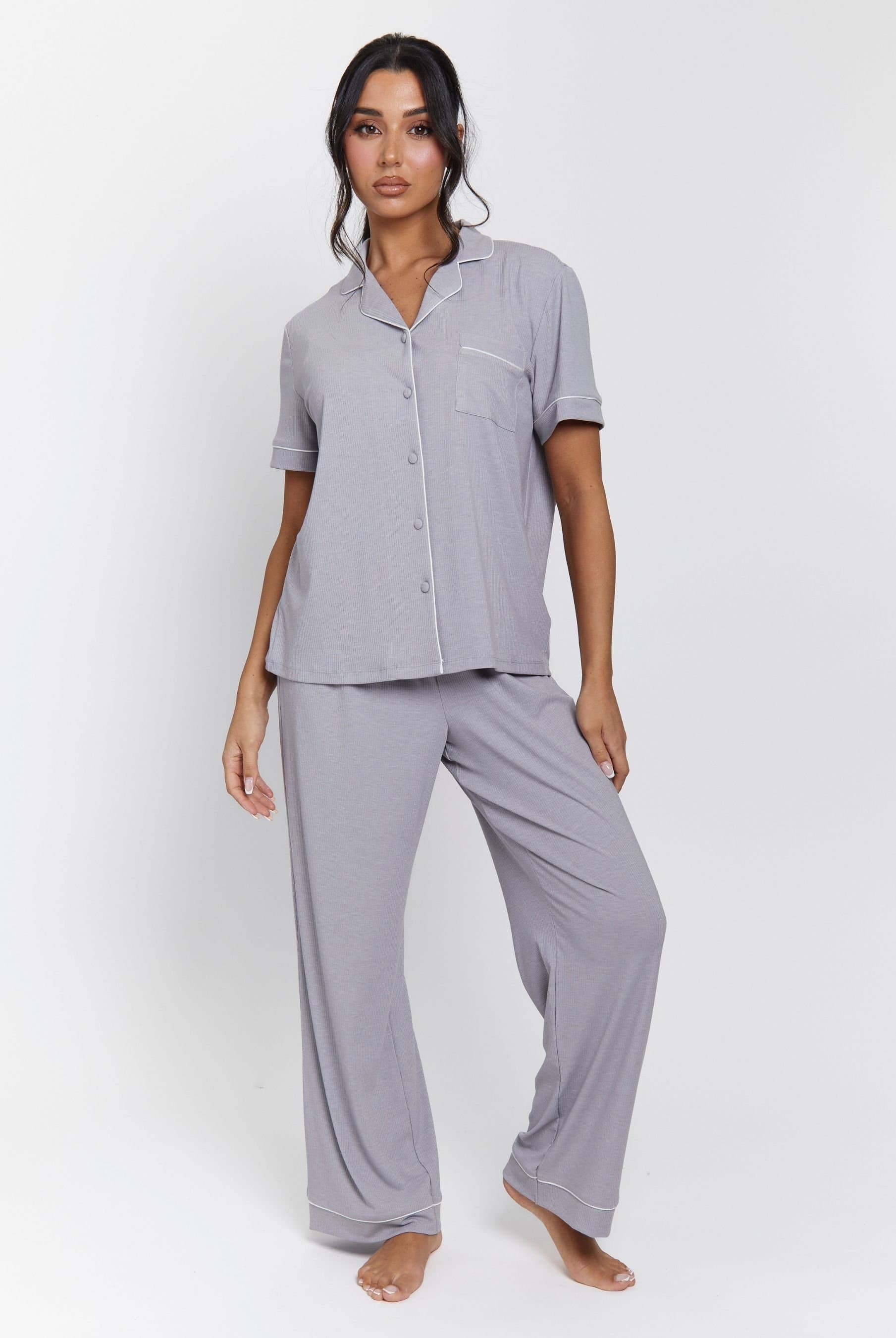 Loungeable Loungeable Women's Silver Ribbed Short Sleeve Pyjama Set