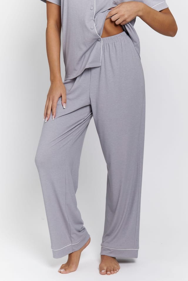 Loungeable Loungeable Women's Rib Short Sleeve Traditional Shirt & Long Pant in Silver - 2