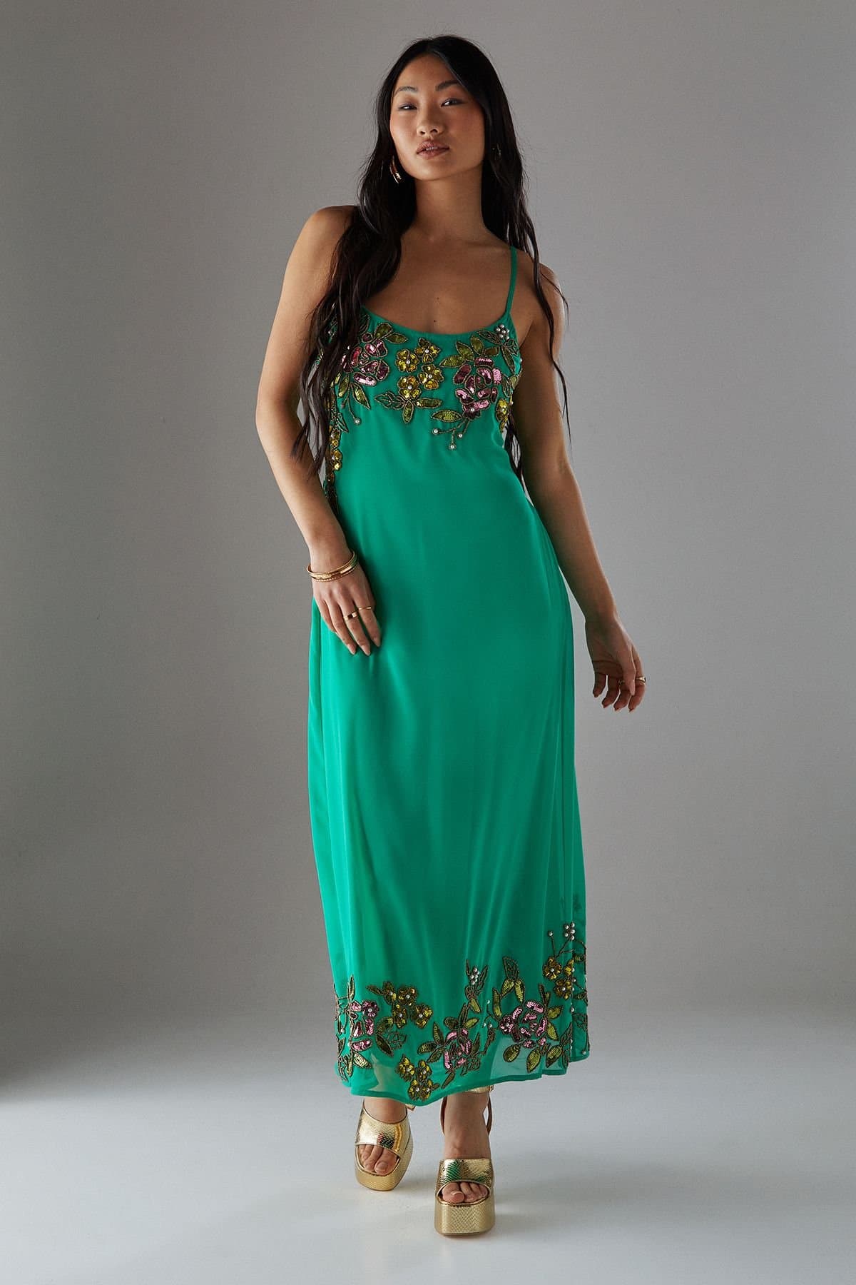 Warehouse Warehouse Women's Petite Hand Embellished Strappy Bias Midi Dress in Bright Green