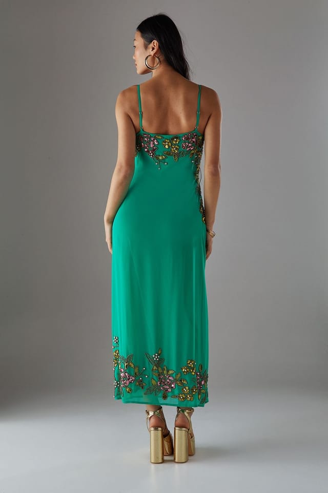 Warehouse Warehouse Women's Petite Hand Embellished Strappy Bias Midi Dress in Bright Green - 3