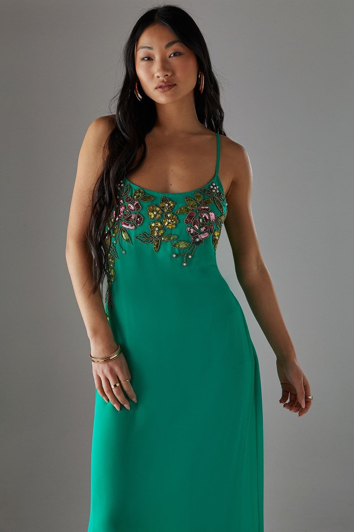 Warehouse Warehouse Women's Petite Hand Embellished Strappy Bias Midi Dress in Bright Green - 4
