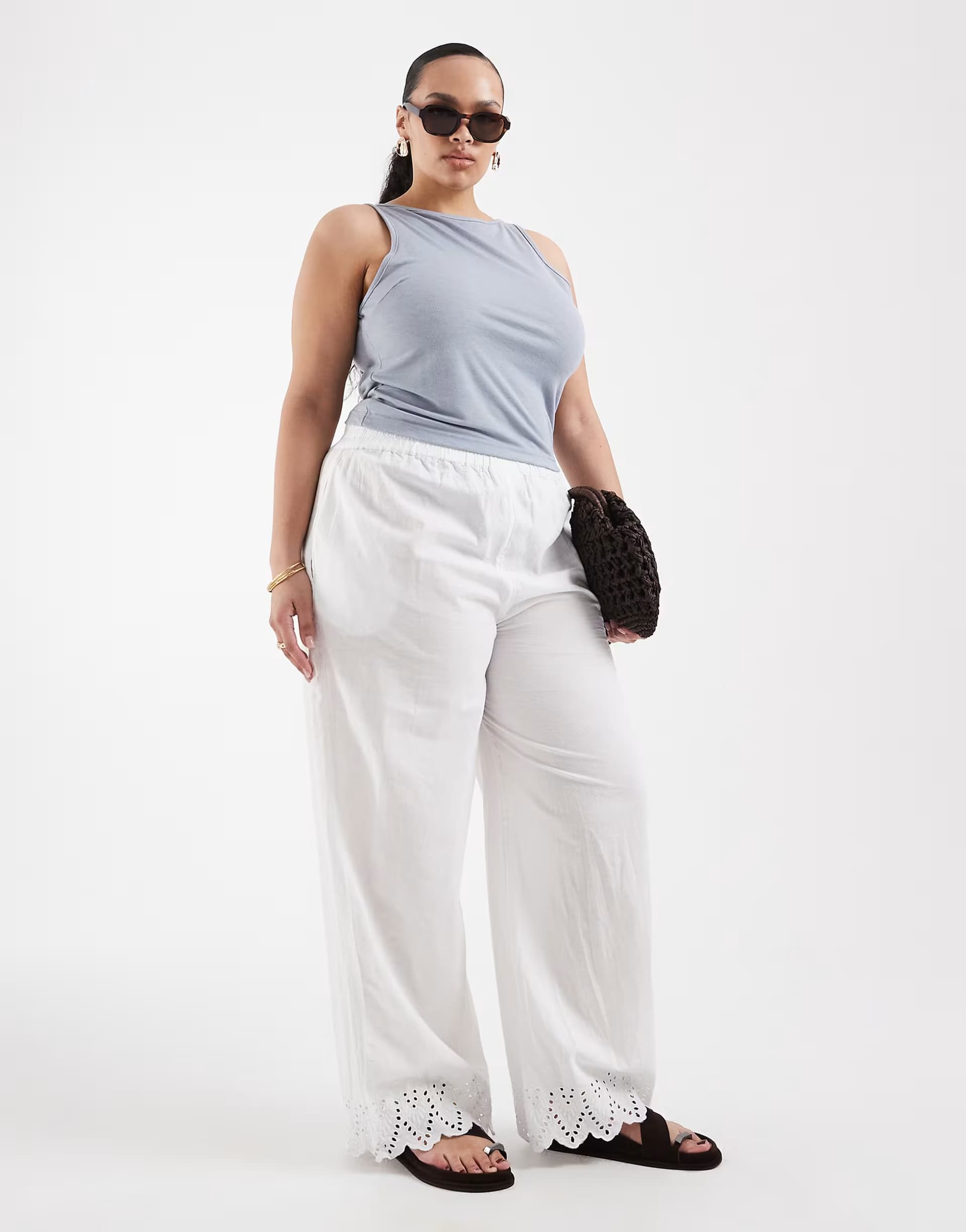 ASOS ONLY Curve 100% cotton pull on trousers with embroidery in white