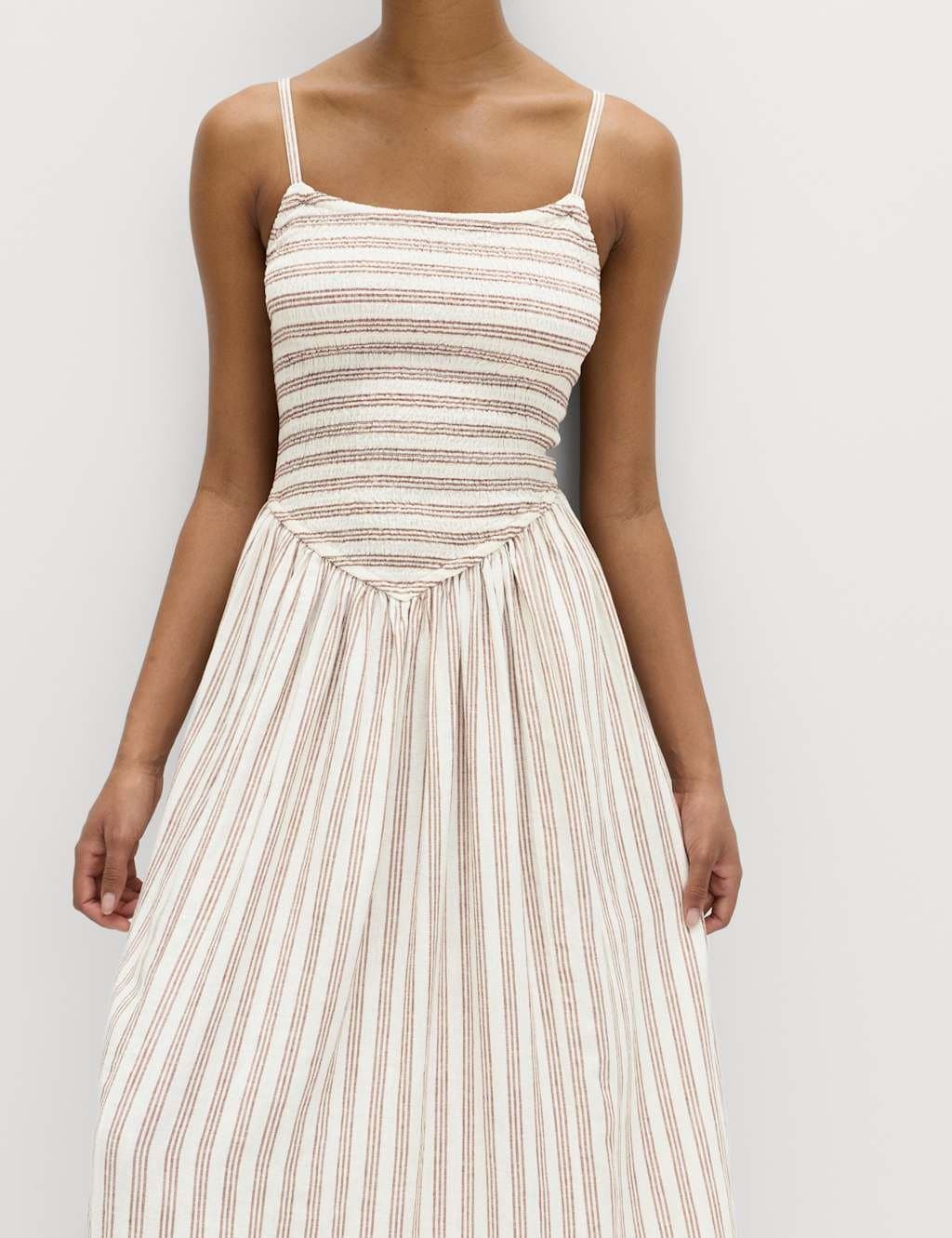 Marks & Spencer M&S Linen Rich Shirred Maxi Shift Dress Brown Mix