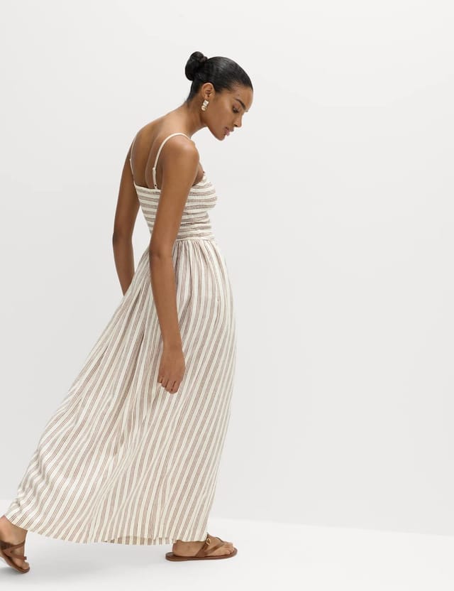 Marks & Spencer M&S Linen Rich Shirred Maxi Shift Dress Brown Mix - 2