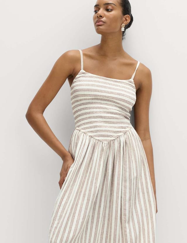 Marks & Spencer M&S Linen Rich Shirred Maxi Shift Dress Brown Mix - 3