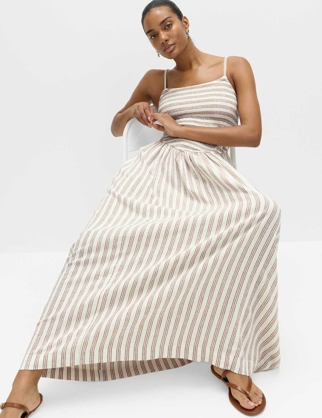 Marks & Spencer M&S Linen Rich Shirred Maxi Shift Dress Brown Mix - 4